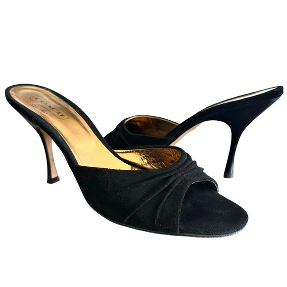 Coach Black Suede Leather Sandal Open Toe Stiletto Heel Mules Made In Italy - Picture 1 of 16